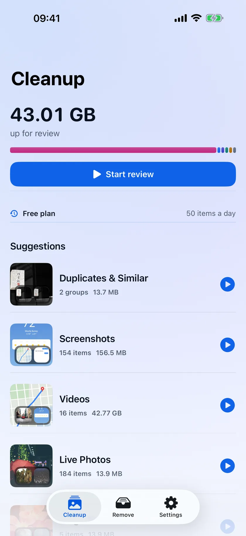 Rolless cleanup screen showing 43.01 GB up for review and suggested queues