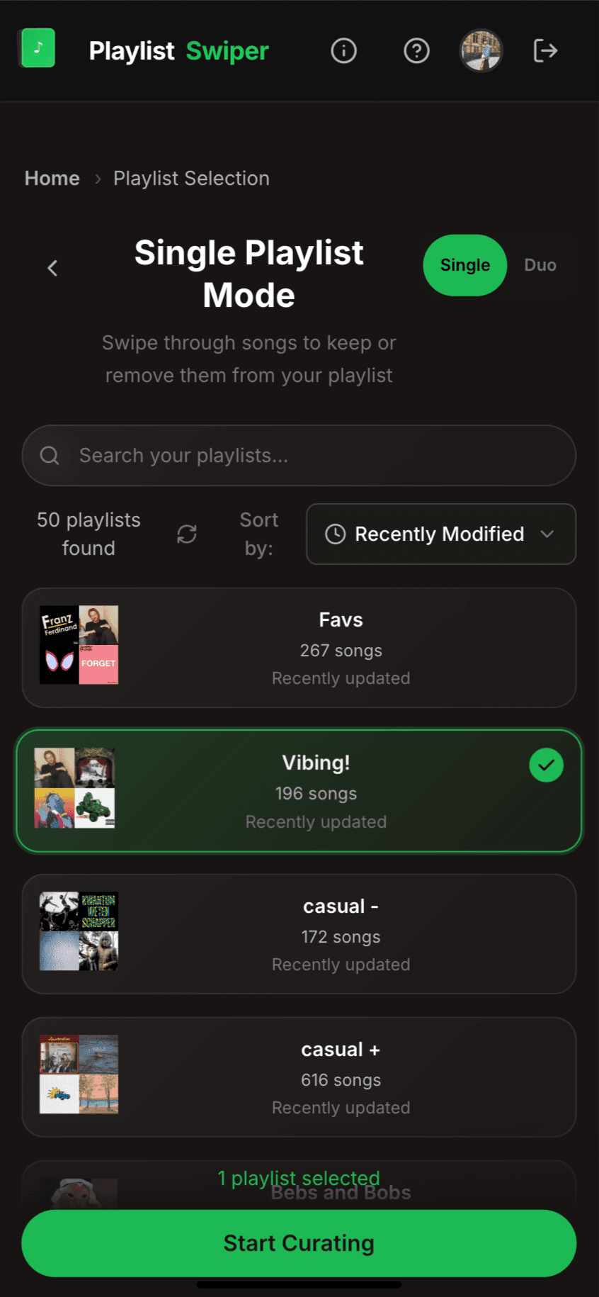 Playlist Swiper — gallery visual