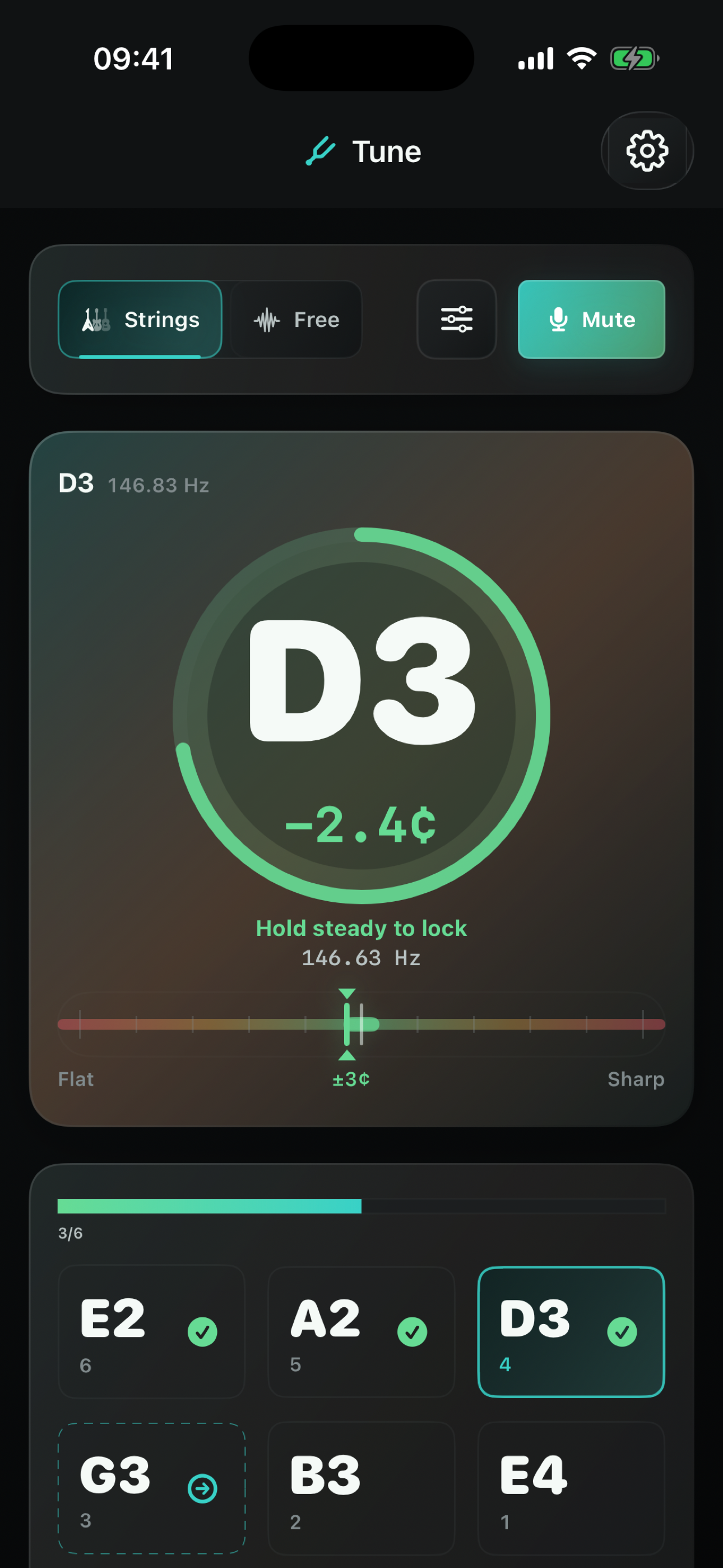 Pitch Please tuner screen showing D3 at minus 2.4 cents