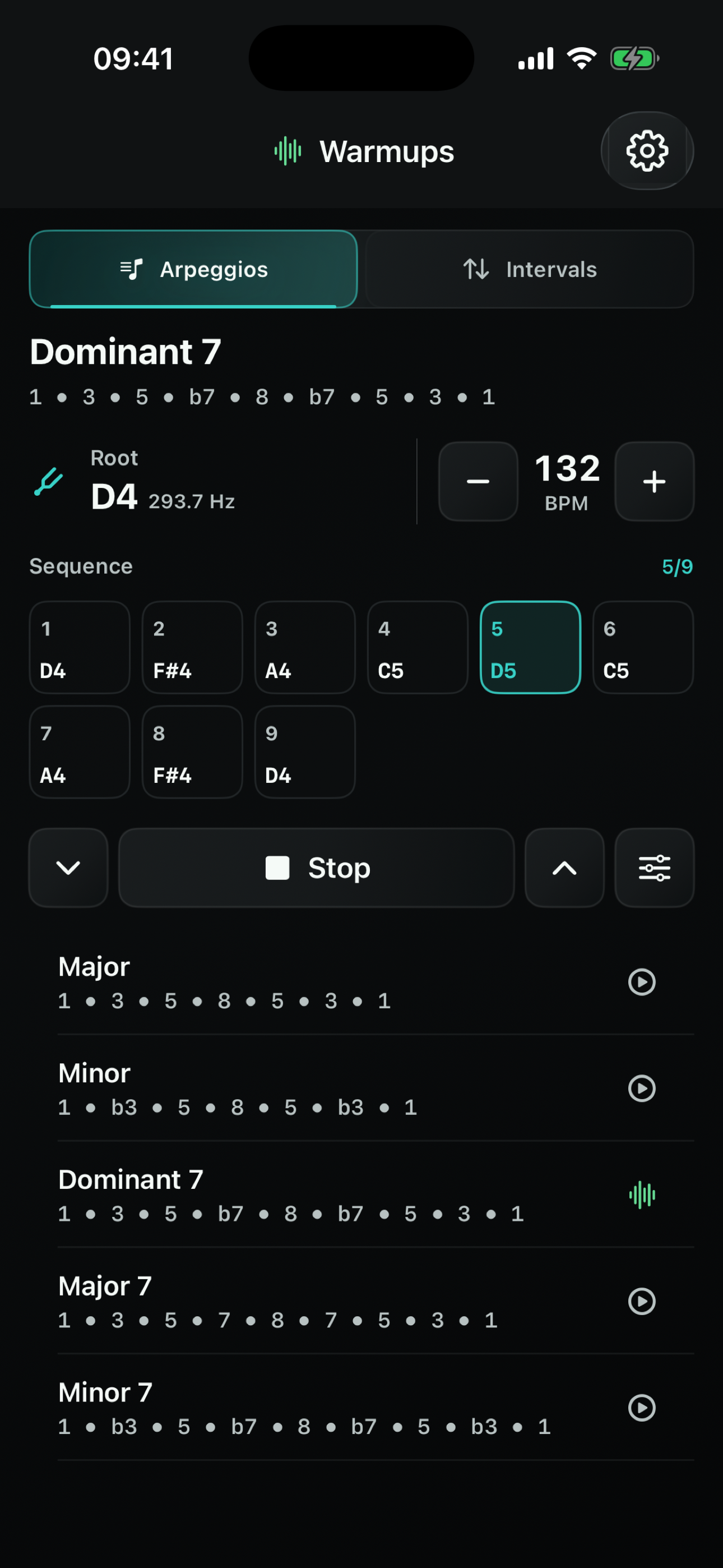 Pitch Please warmups screen showing a dominant seventh arpeggio sequence